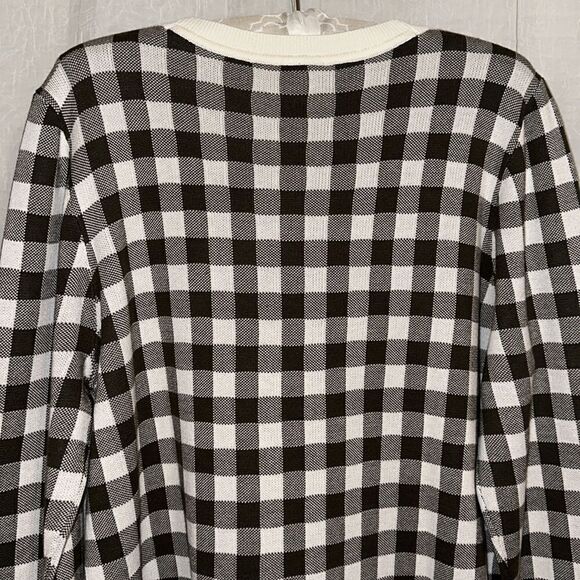 Talbots L Ivory Camo Olive Green Gingham Plaid Knit Shirt Hem Crew Sweater - Picture 4 of 11
